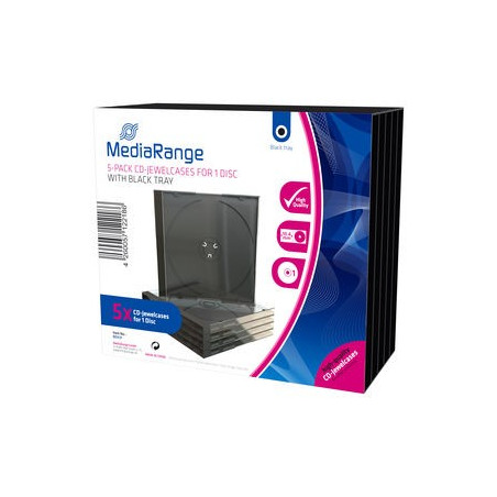 Pack 5 MediaRange CD Jewelcase para 1 disco, 10.4mm, bandeja negra