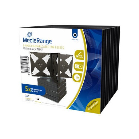 Pack 5 MediaRange CD Jewelcase para 6 disco, 22mm, bandeja negra