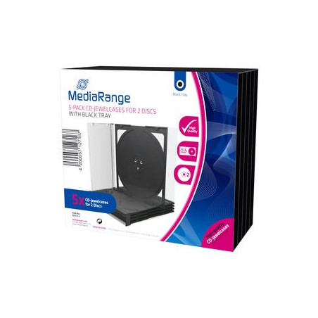 Pack 5 MediaRange CD Jewelcase para 2 disco, 10.4mm, bandeja negra