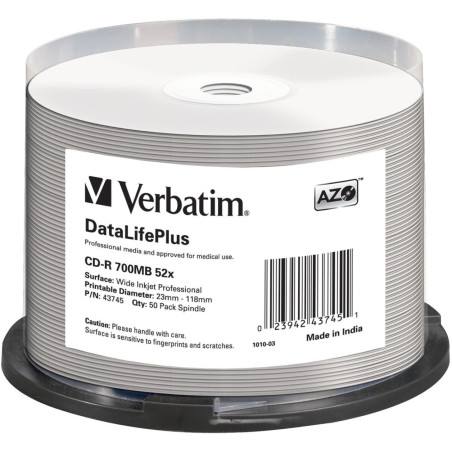 Verbatim CD-R AZO 700MB 52X DL+ WHITE WIDE PRINTABLE SURFACE NON-ID Cake 50