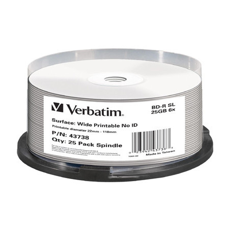 Blu-ray BD-R SL 25GB 6X Verbatim FF InkJet Printable Hard Coat Tarrina 25 uds