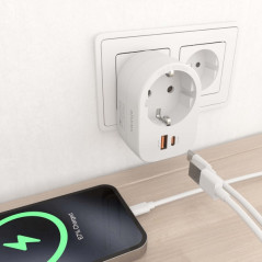 Multiprise murale multifonction avec 1 prise + 1xUSB-C 20W PD3.0 - 1xUSB-A 20W QC3.0