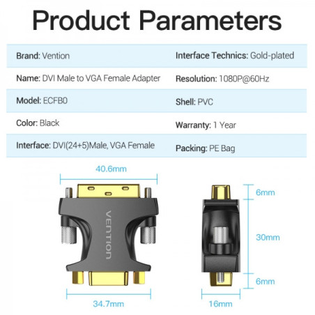 Adaptateur DVI mâle vers VGA femelle