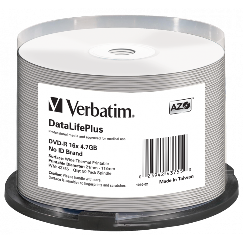 Verbatim DVD-R AZO 4.7GB 16X DL+ WHITE WIDE THERMAL PRINTABLE SURFACE, Cake 50