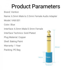 Adapter Jack 6.5 Male to Jack 3.5 Female - Color Blue