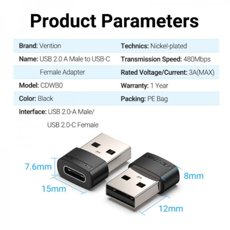 Adaptateur USB 2.0 USB-C mâle vers USB femelle