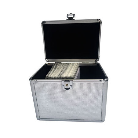 Media storage case for 120 discs, aluminum look, with hanging sleeves, silver