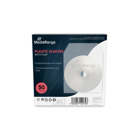 Pack 50 - Sobre Plastico MediaRange para CD DVD BD individuais 100% Transparente