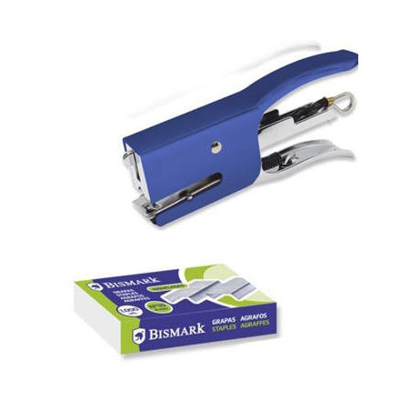 Agrafador Mini Bismark com Alicate + 2000 Agrafos - Capacidade de Agrafador: 15 Folhas  - Alta Durabilidade - AZUL